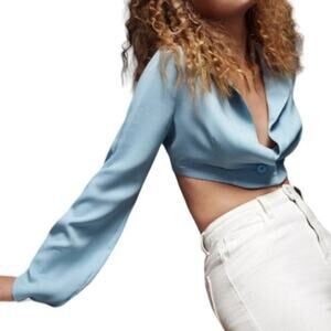 New With Tags Light Blue Crop Flare Sleeve Single Button Jacket Shien X Size L